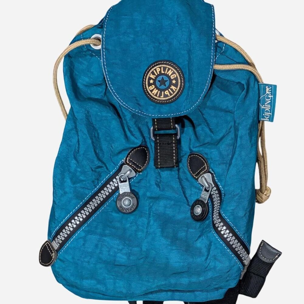 Kipling Vintage 90s Mini Backpack Teal Blue Crinkled Nylon Drawstring Small